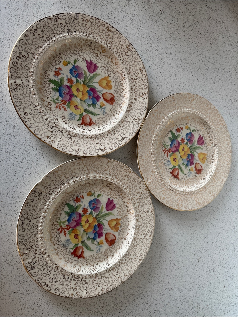 Vintage H&K Tunstall Dinner Plates in the "Old English Sampler" pattern
